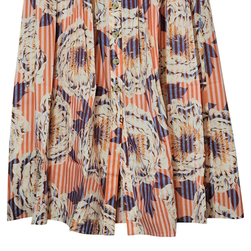 Anthropologie Stripe Floral Button Front A-Line Midi Skirt Cotton Red Blue S - Picture 5 of 15
